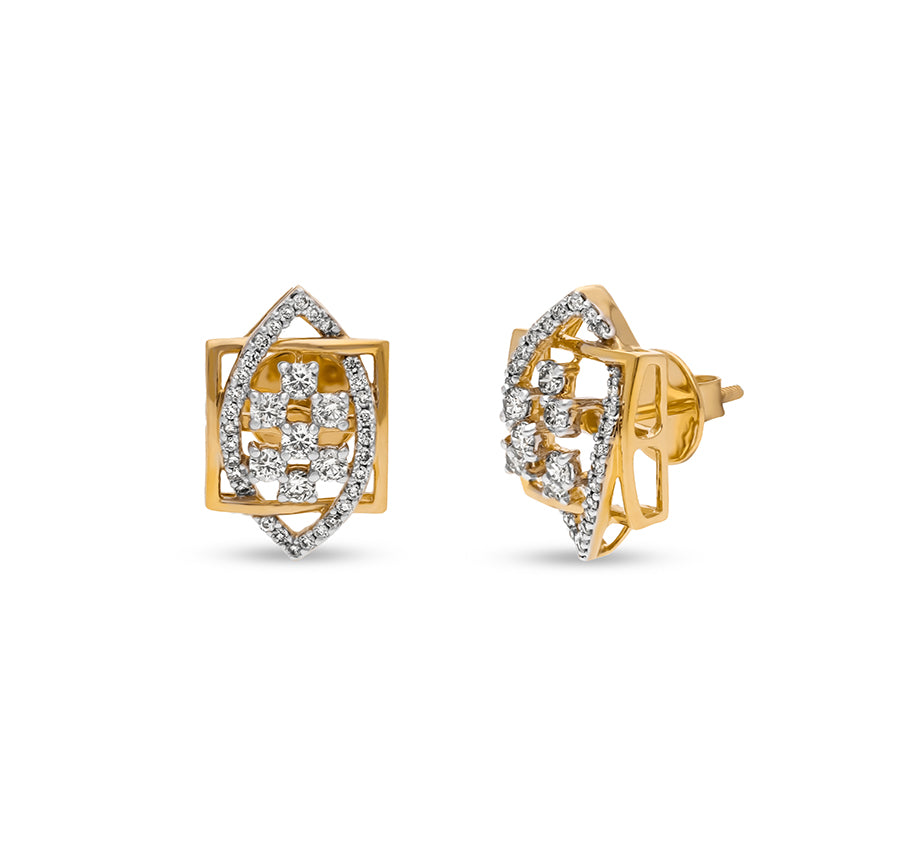 Square & Marquise shape Round Natural Diamond With Prong Set Yellow Gold Stud Earring