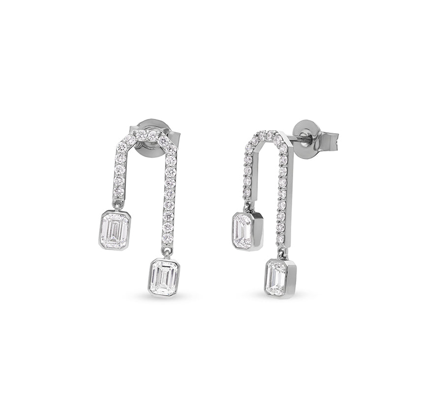 Stiff Drop Emerald Cut Diamond White Gold Earrings