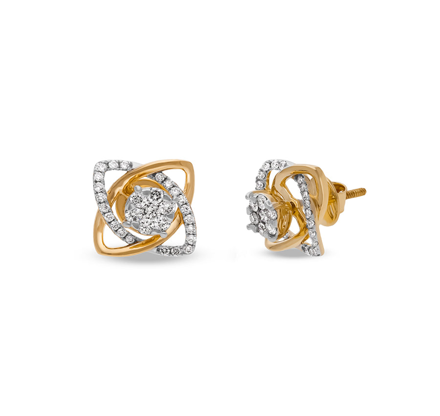 Twin Eye Shaped Yellow Gold Diamond Stud Earrings