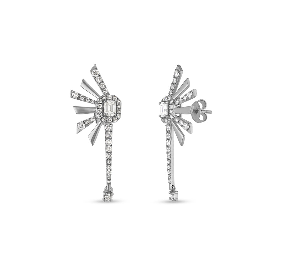 Emerald Cut and Round Diamond White Gold Dangle Earrings