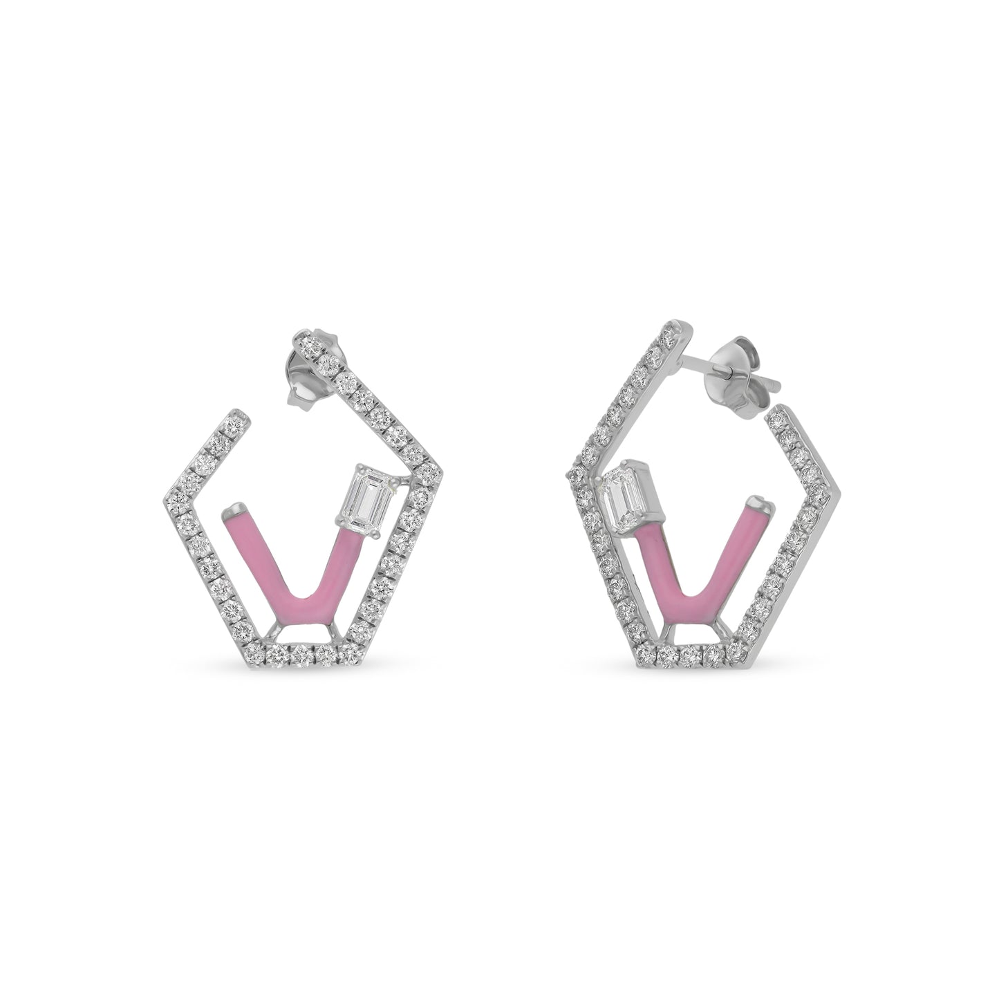 Emerald Cut Center Diamond Pink Enamel Polygon Shape white Gold Stud Earrings