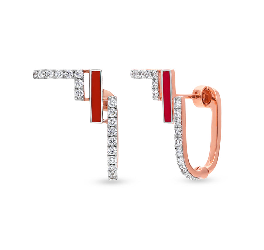 Red Enamel With Round Cut Natural Diamond White Gold Hoop Earrings