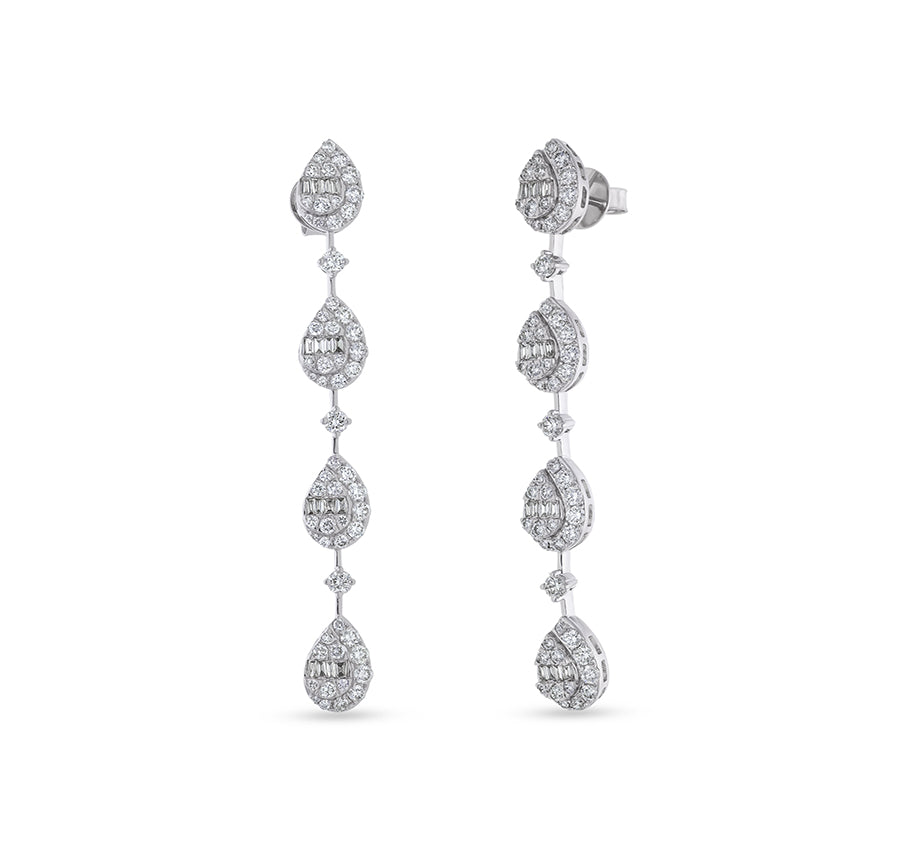 Pear Shape Baguette With Round Natural Diamond and Prong Setting White Gold Dangle Earrings