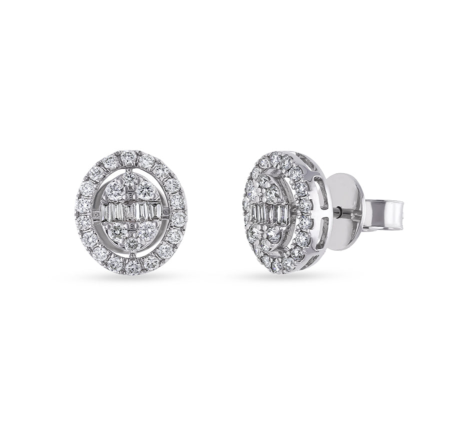 Circle Shape Baguette Cut with Round Natural Diamond White Gold Stud Earrings