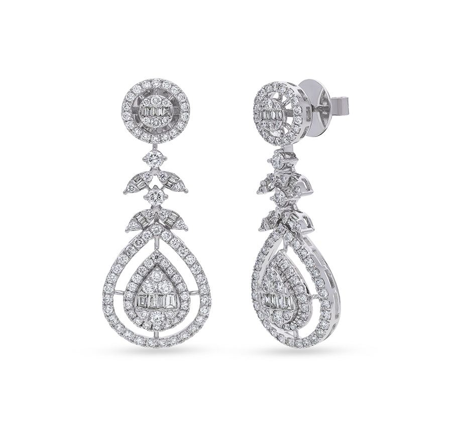 Leaf Shape Round Natural with baguette Cut Diamond White Gold Dangle Earrings