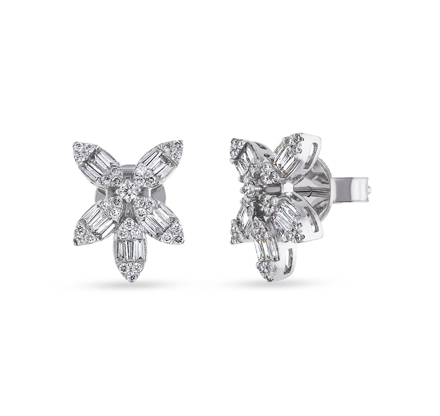 Baguette Cut with Round Natural Diamond White Gold Dewdrop Stud Earrings