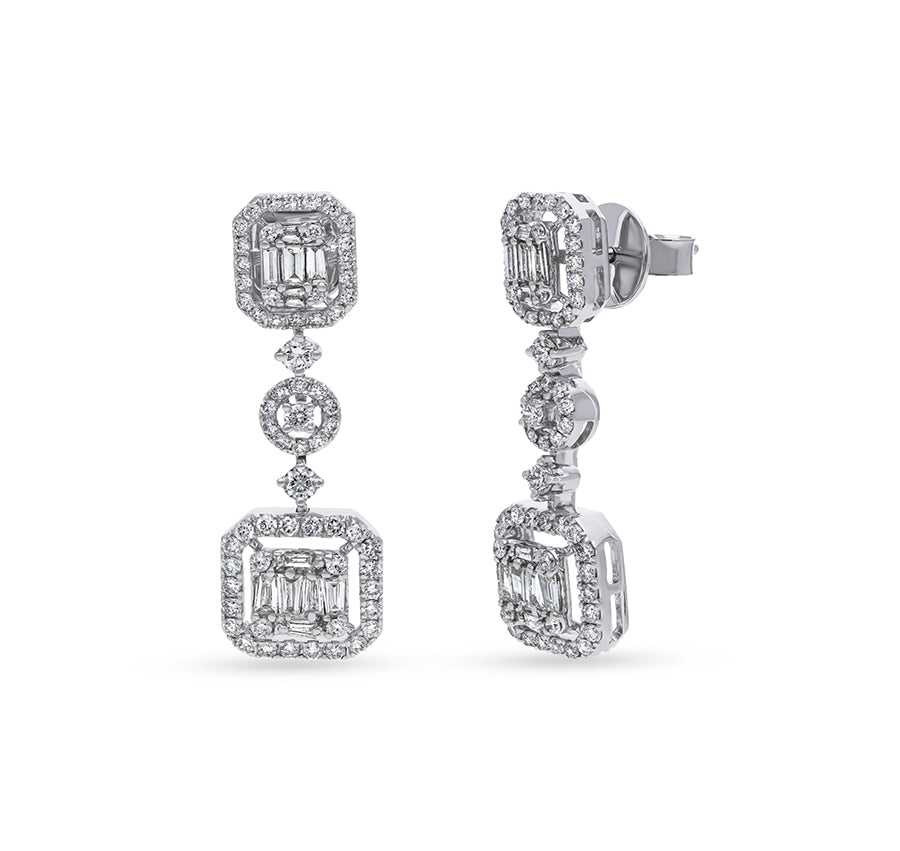 Center Baguette Cut and Round Natural Diamond White Gold Dangle Earrings