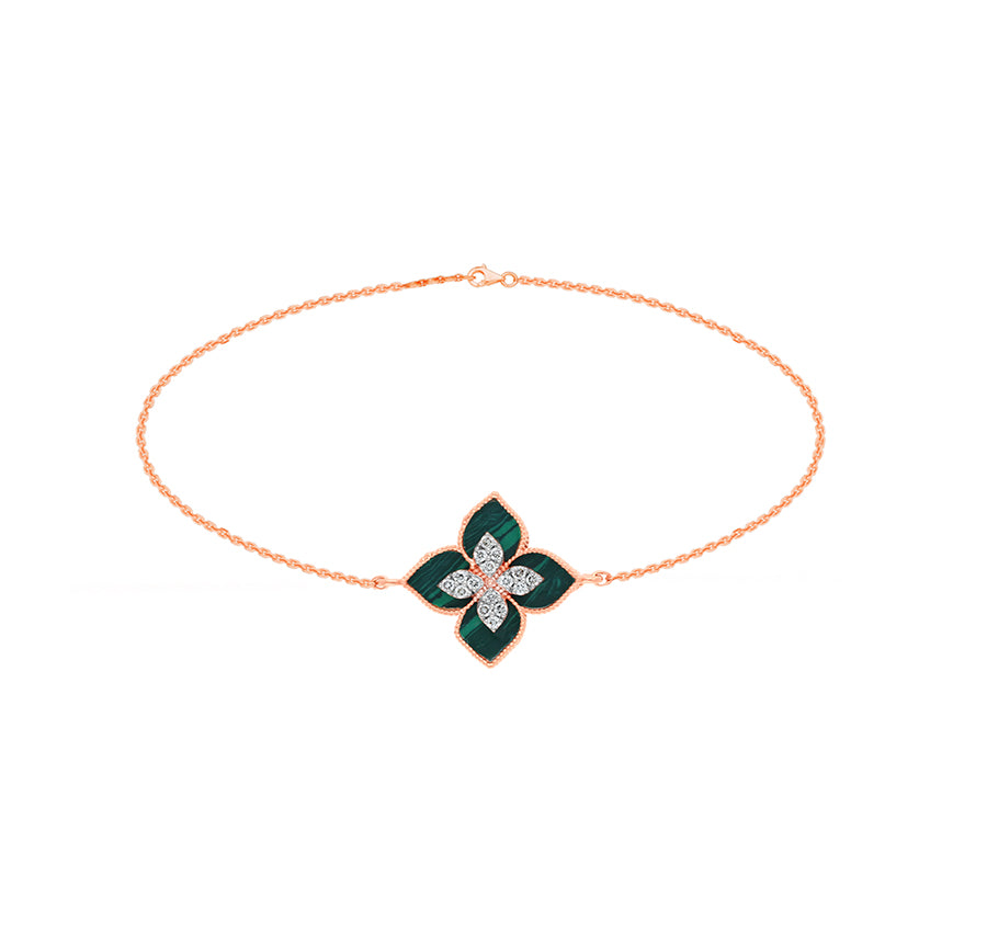 Princess Flower Round Natural Diamond With Green Malachite lobster Clasp Bracelet
