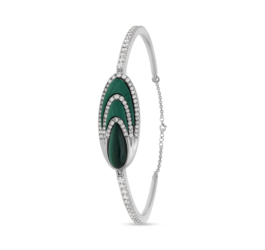 Round Natural Diamond With Green Oval Malachite 14K White Gold Lobster Claw Clasp Women Bracelet