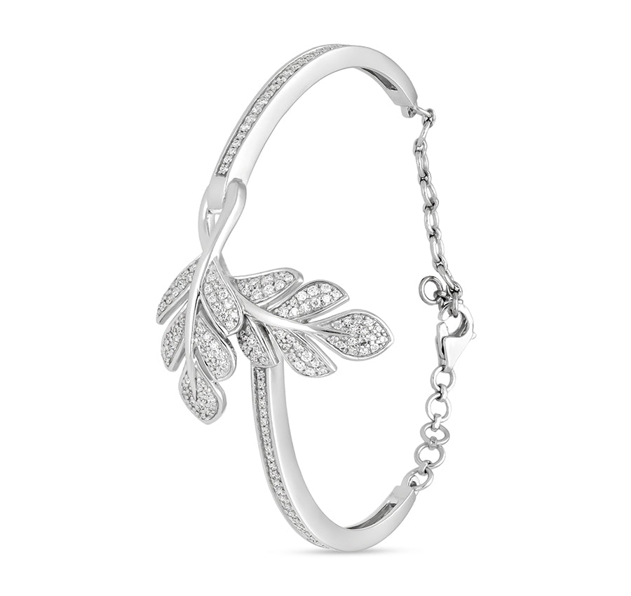 Two Leaf Round Natural Cut Diamond White Gold Lobster Clasp Twist Bracelet