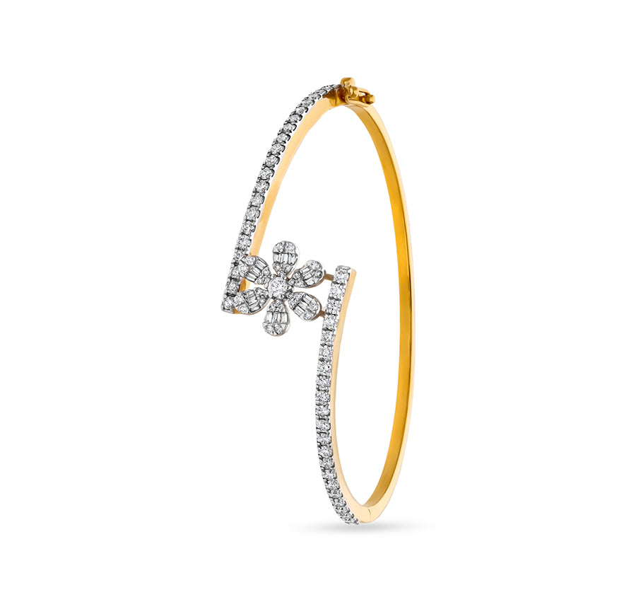 Flower Shape Round Natural with Baguette Cut Diamond and Channel Set 18K Yellow Gold Box Clasp Women Bracelet