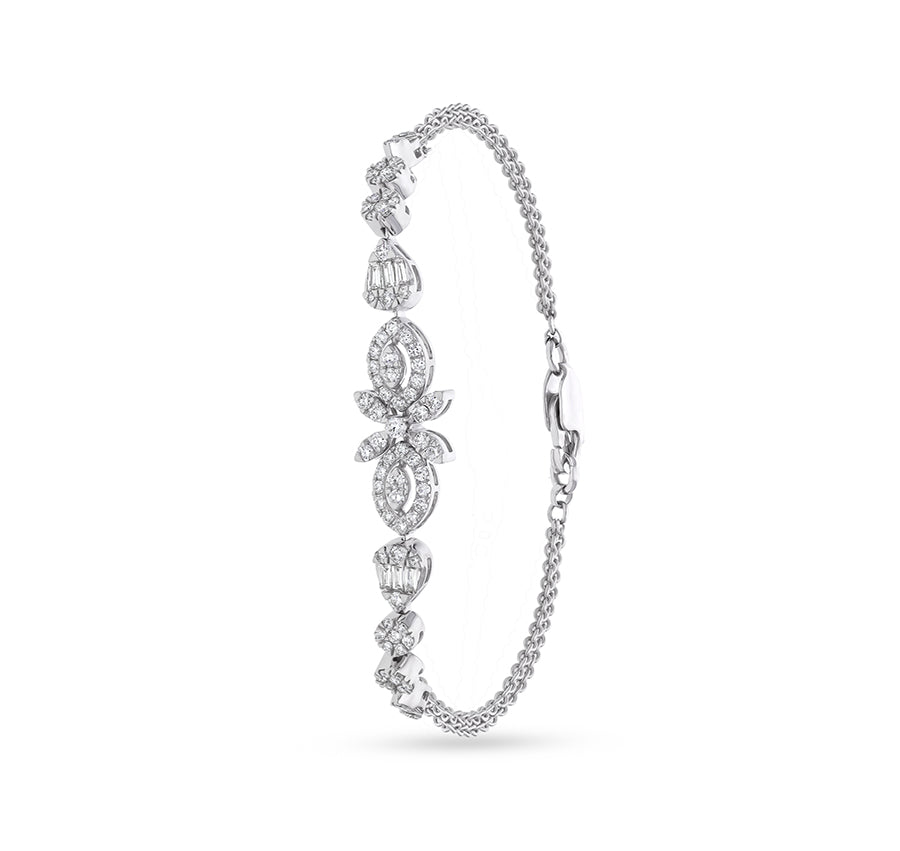 Floral Design Natural Diamond with Baguette Cut Diamond and Prong Set White Gold Lobster Clasp Bracelet