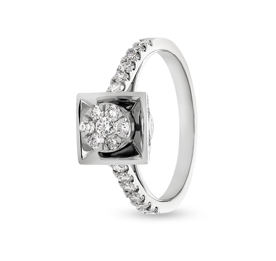 Square Shape Round Cut Diamond With Prong & Pressure Set White Gold Casual Ring