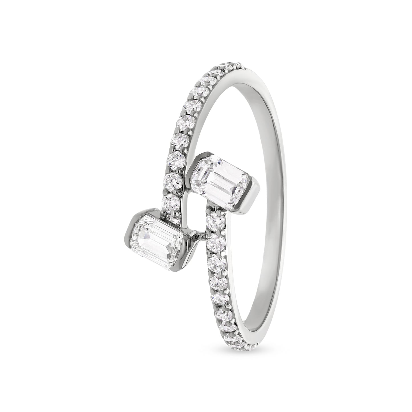 Twin Emerald Shape With Round Cut Diamond White Gold Casual Ring