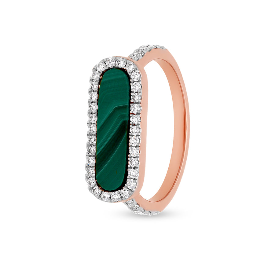Elliptical Malachite Lashed with Natural Diamond Halo Rose Gold Ring