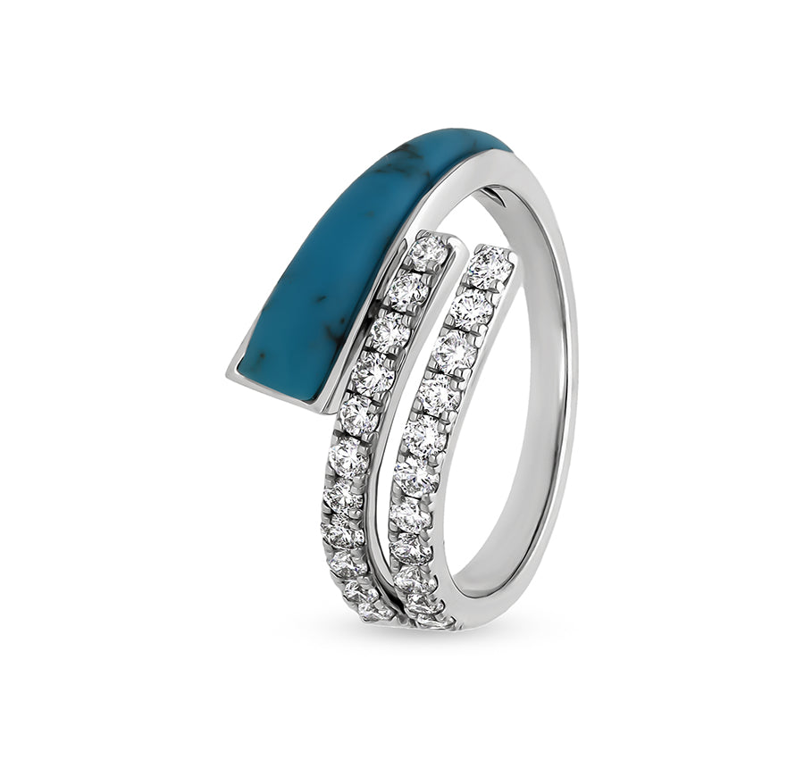 Sky Embrace Turquoise With Round Natural Diamond Wrap Around White Gold Casual Ring