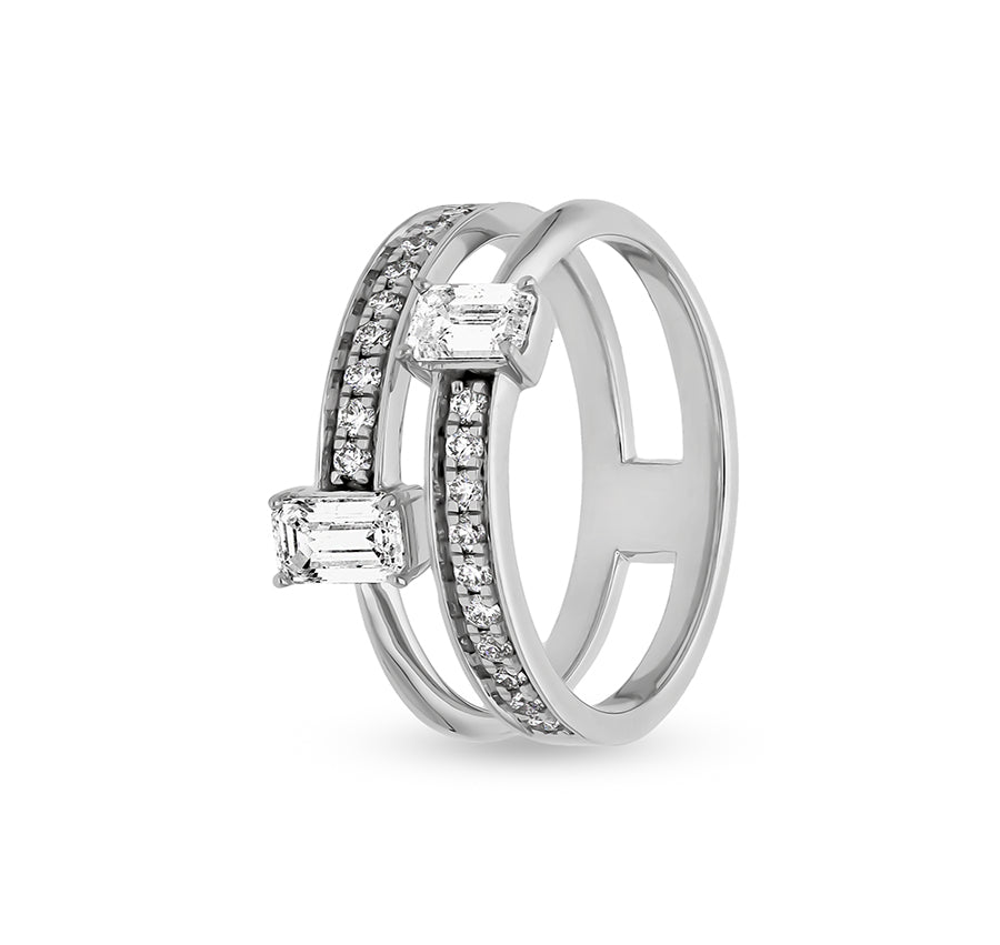 Double Emerald and Round Diamond with Channel Setting White Gold Casual Ring