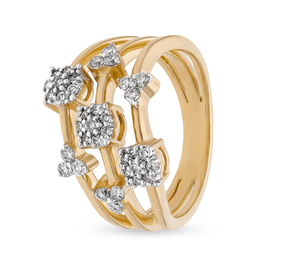 Tri-Layer Round Natural Diamond Yellow Gold Cocktail Ring
