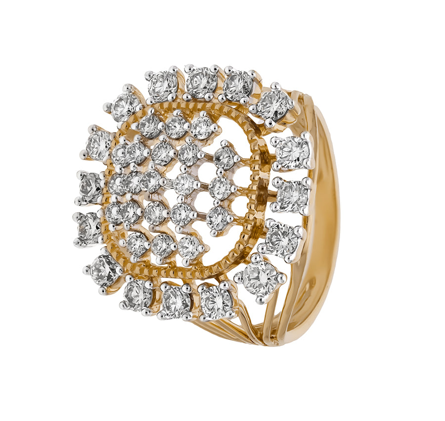 Sunburst Bloom Round Natural Diamond and Sanatani Setting Yellow Gold Cocktail Ring