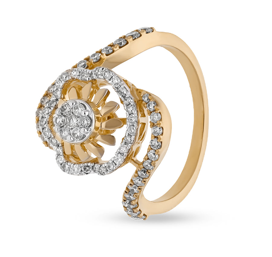 Round Natural Diamond Yellow Gold Sculpted Petal Serenity Cocktail Ring