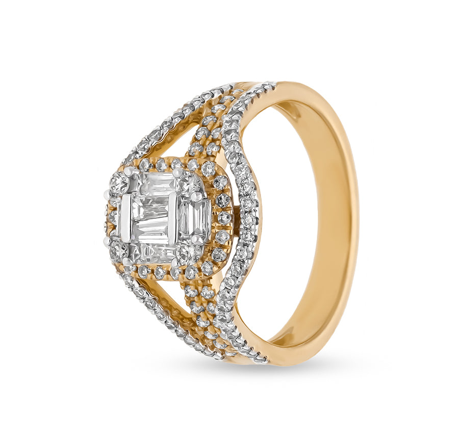 Stellar Square Round Natural and Baguette Cut Diamond Yellow Gold Cocktail Ring