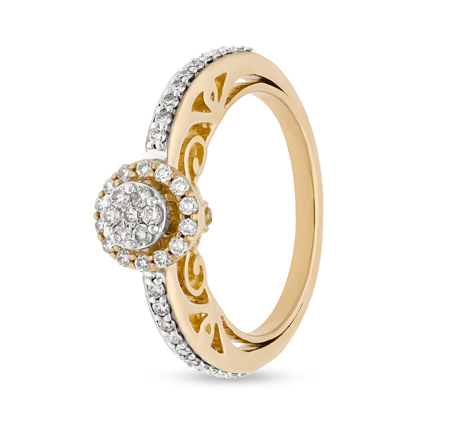 Engraved Design Round Natural Diamond and Prong Setting Yellow Gold Halo Ring