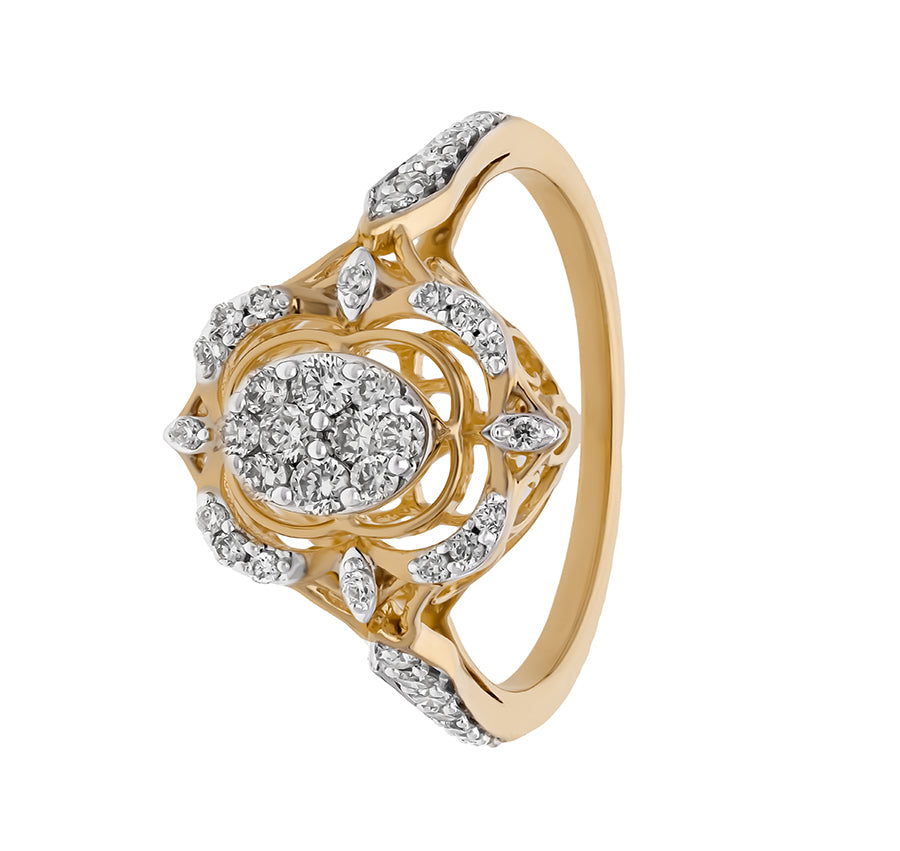 Floral Ellipse Round Cut Diamonds Yellow Gold Cocktail Ring