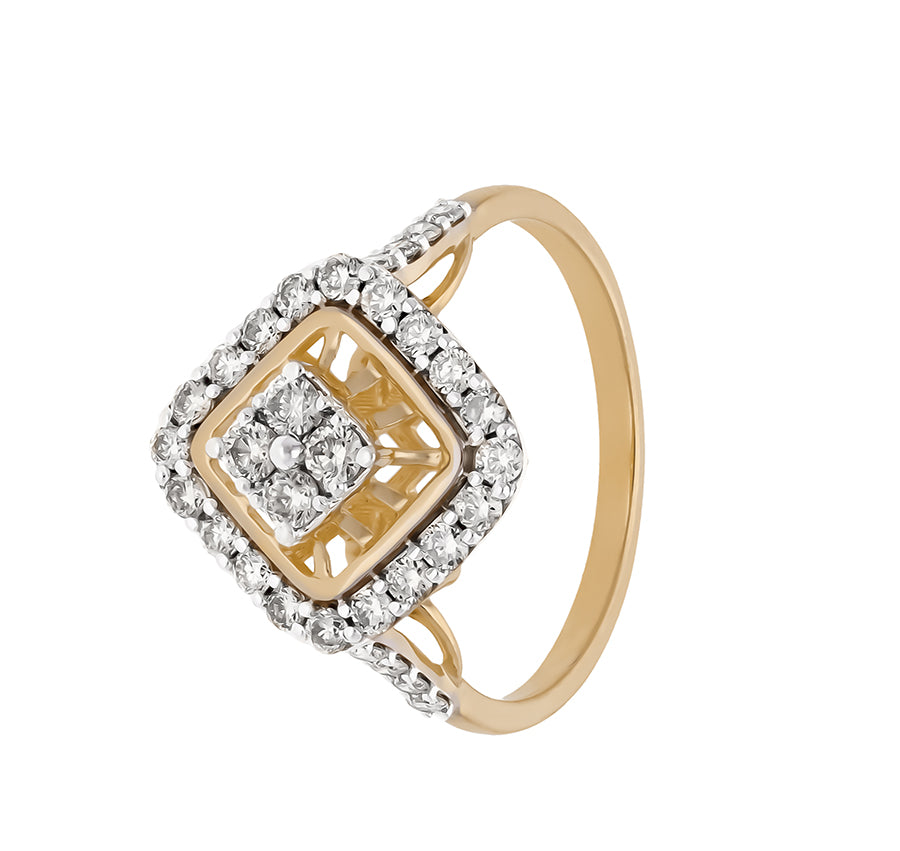 Faceted Rhombus Shape Round Natural Diamond Yellow Gold Cocktail Ring