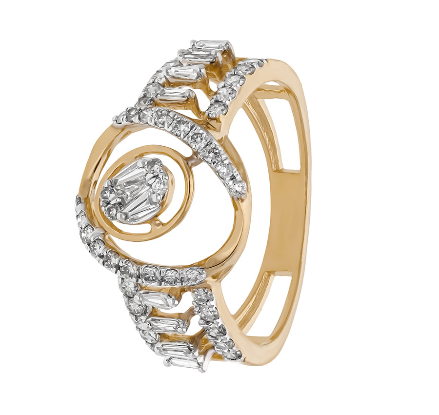 Circular Destiny Baguette Cut and Round Natural Diamonds Yellow Gold Cocktail Ring