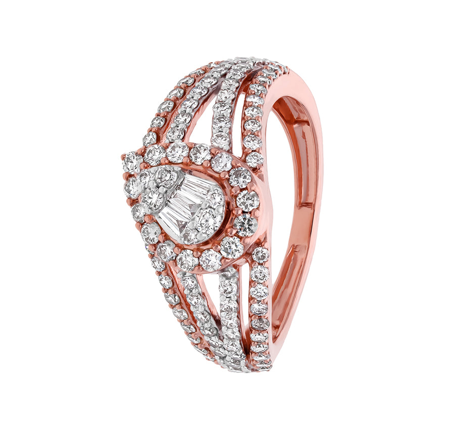 Pear Shape Baguette Cut and Round Natural Diamond Rose Gold Halo Ring