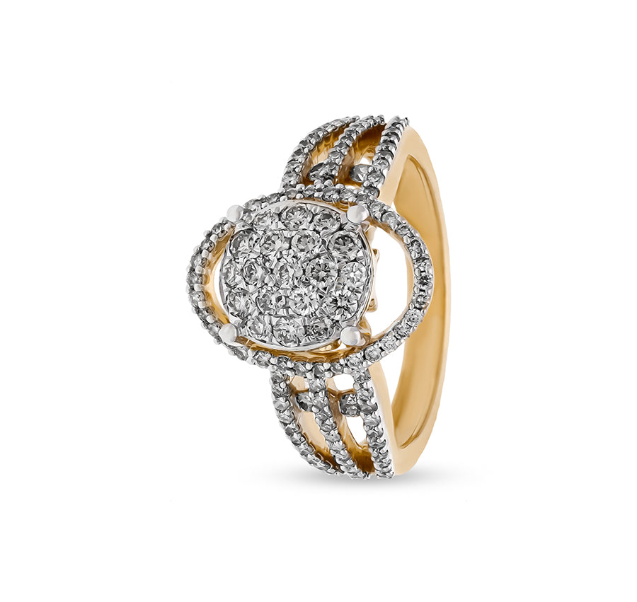 Oval Shape Round Natural Diamond and Pave Setting Cluster Yellow Gold Ring