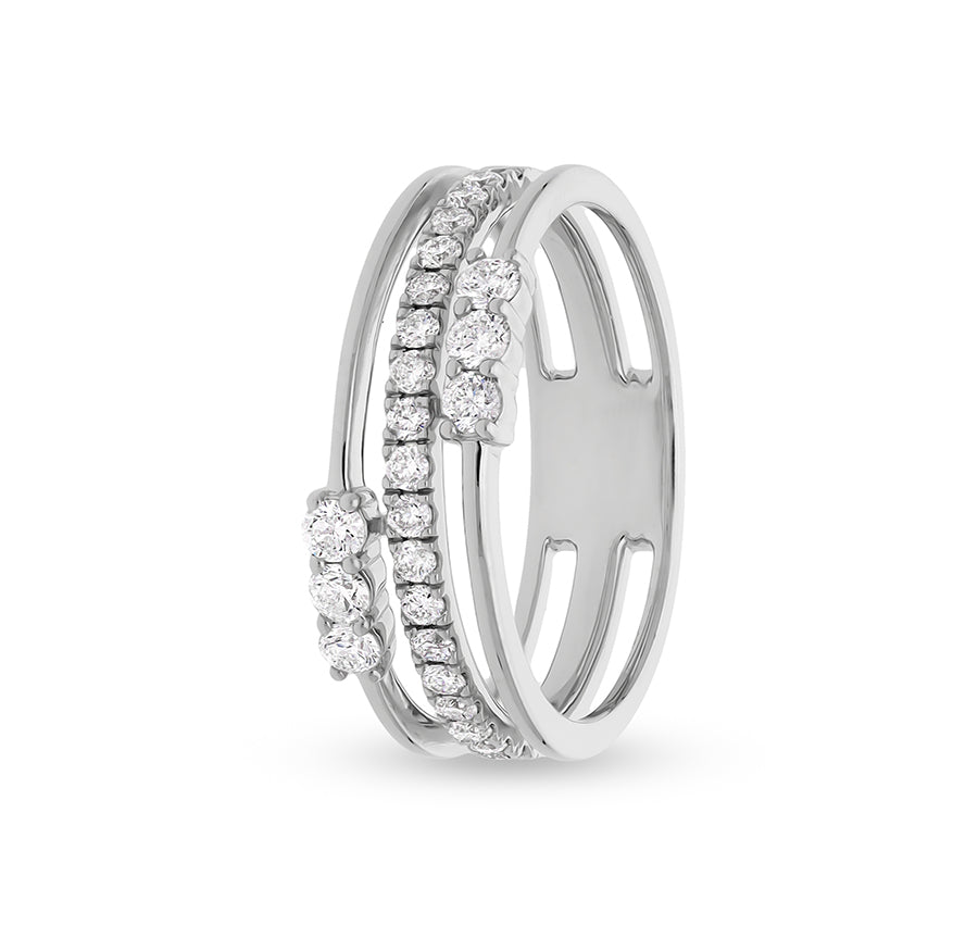 Three Row Layered Round Natural Cut Diamond White Gold Casual Ring
