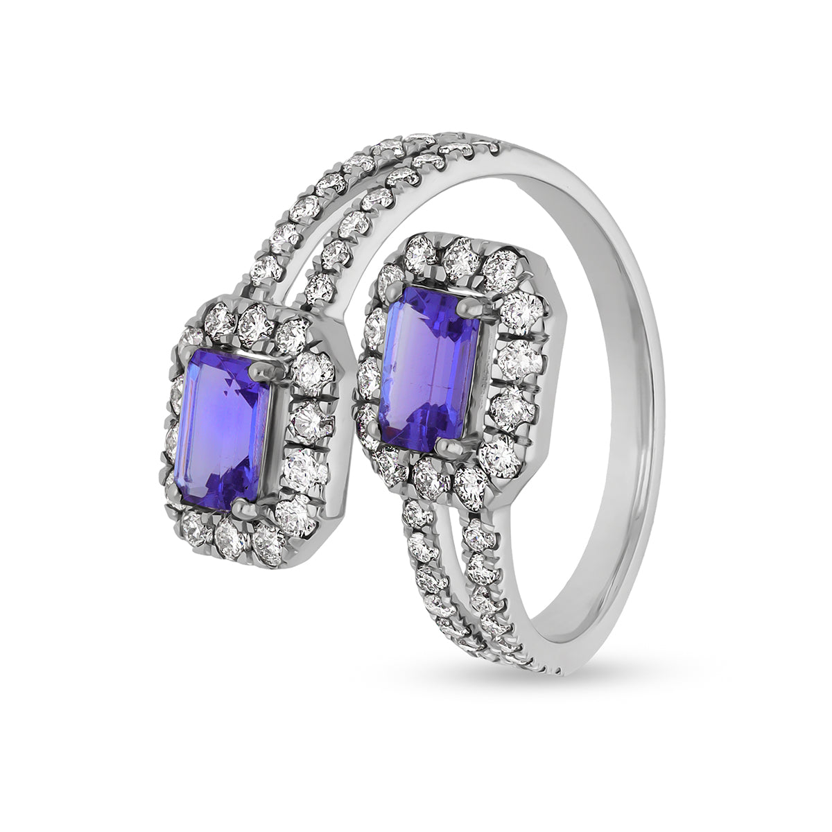 Double Blue Emerald Shape Round Natural Diamond White Gold Casual Ring