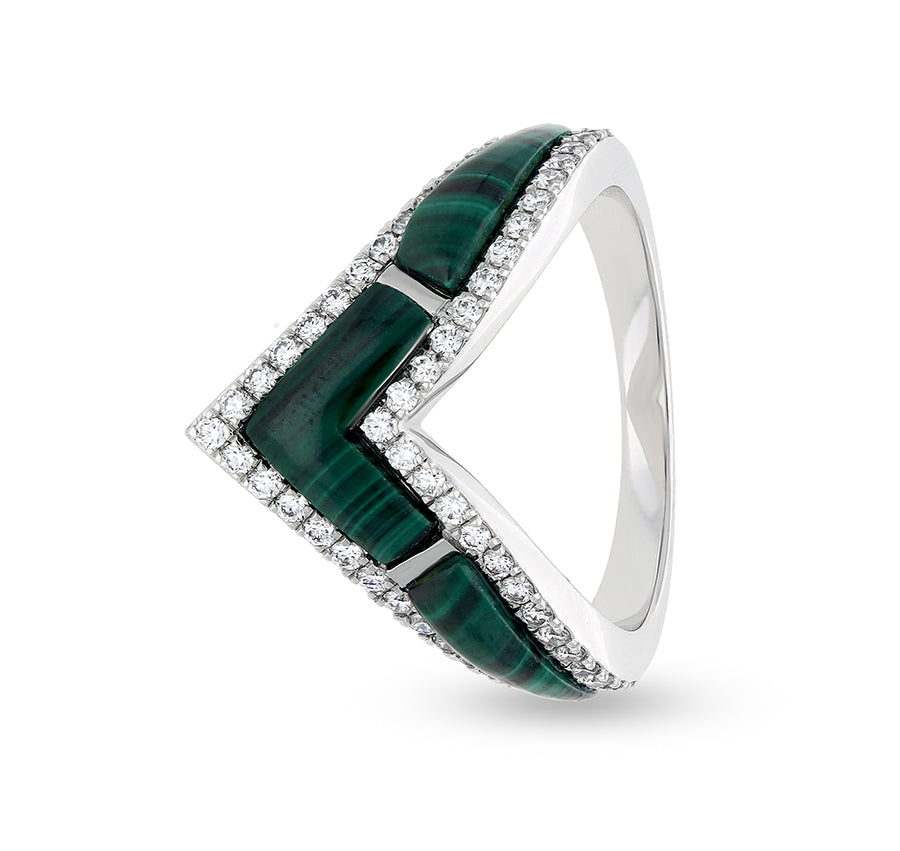 V Shape Natural Green malachite With Round Cut Diamond White Gold Casual Ring