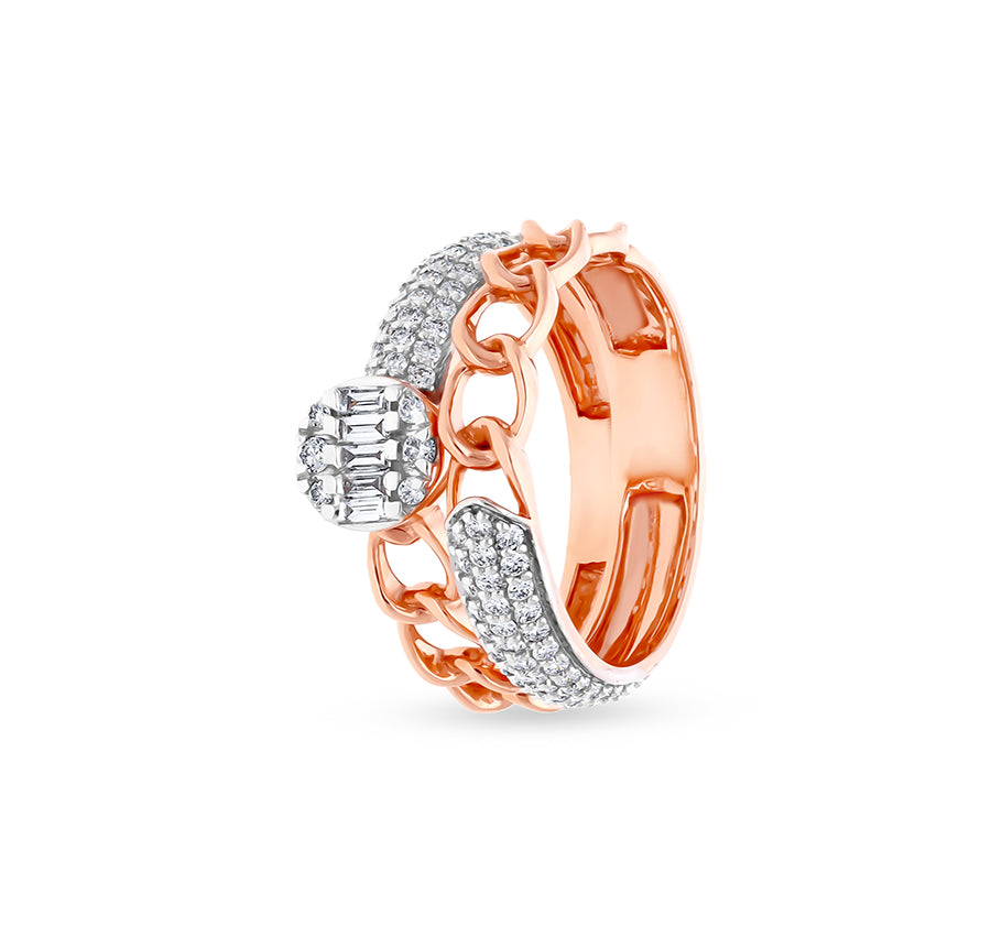 Half Chain And Round Natural Diamond With Pave Set Rose Gold Two In One Casual Ring
