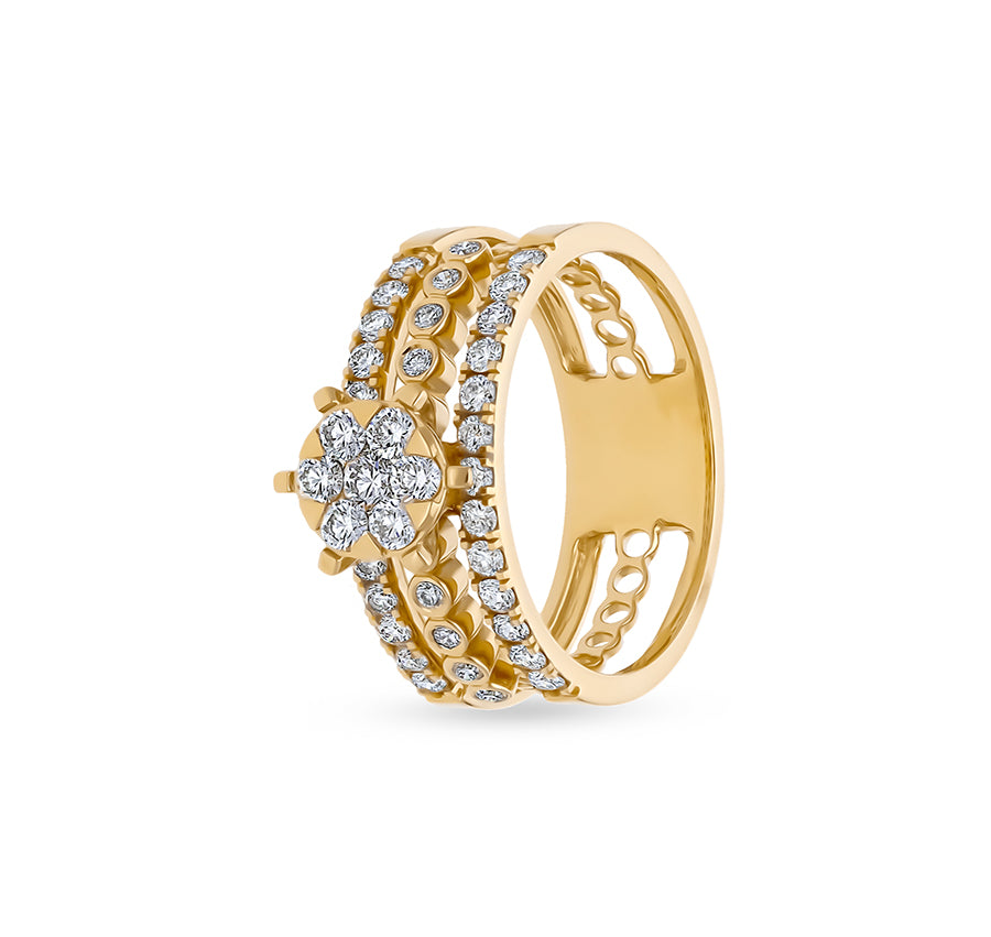 Round Natural Diamond With Bezel and Pressure Set Yellow Gold Casual Ring