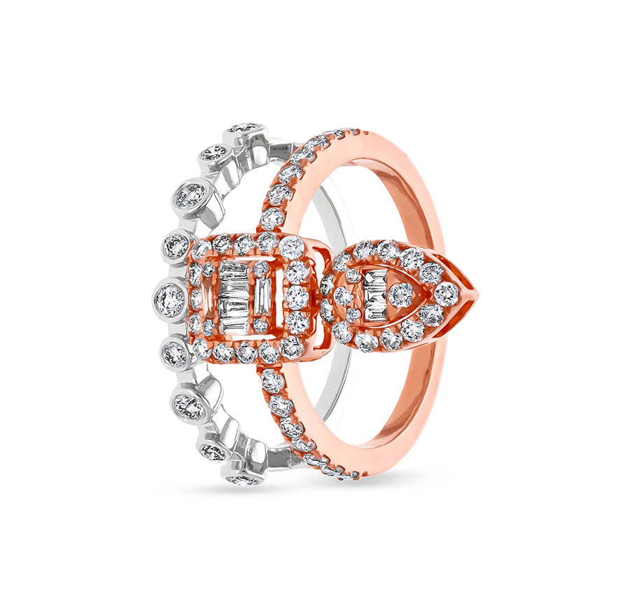 Baguette With Round Natural Diamond and Bezel Set Dual Tone Cocktail Ring