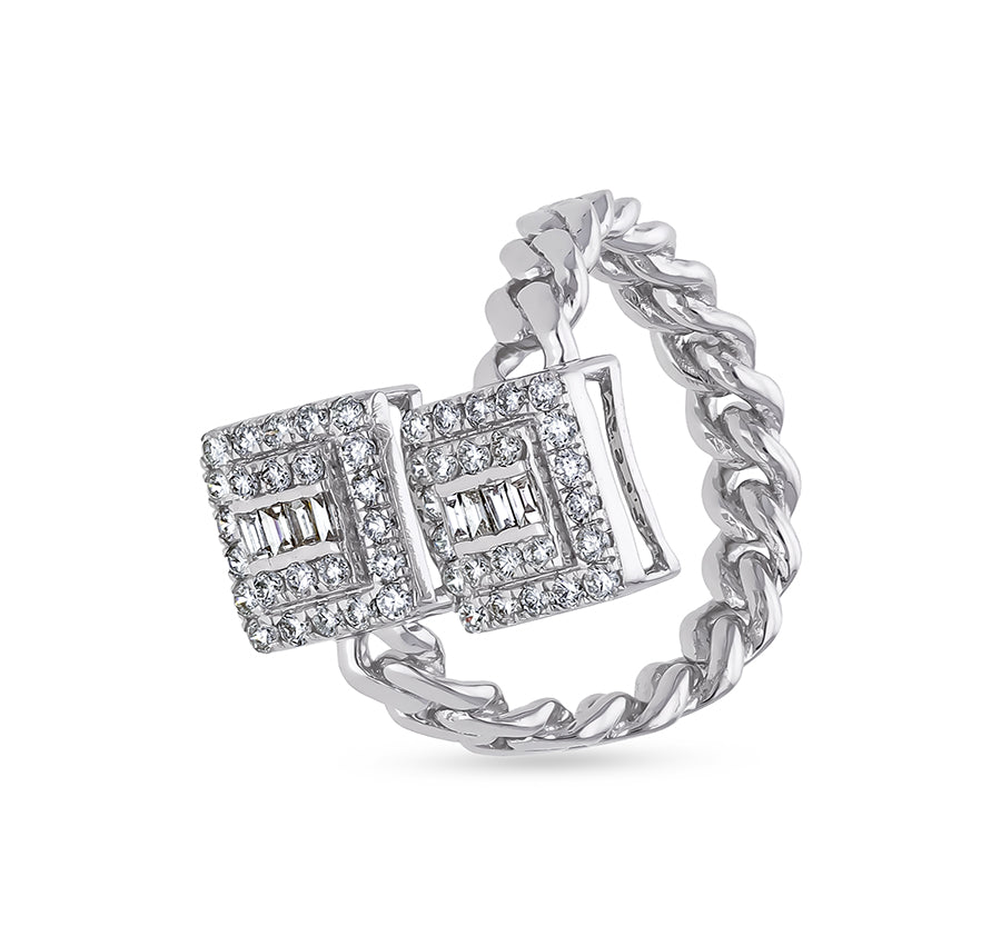 Square Shape Center Baguette Cut With Round Natural Diamond White Gold Chain Casual Ring
