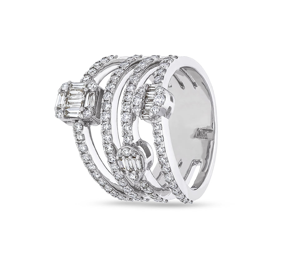 Mix Shapes Round Cut With Baguette Natural Diamond White Gold Cocktail Ring
