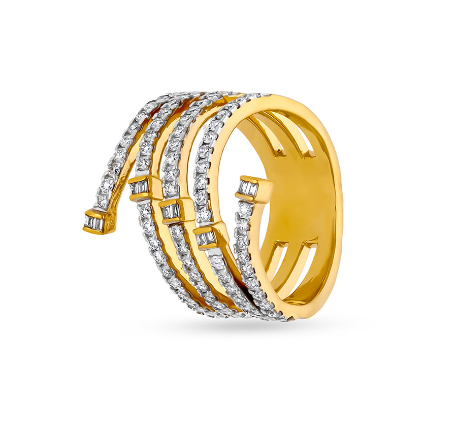Multi Band Baguette with Round Natural Diamond Yellow Gold Casual Ring