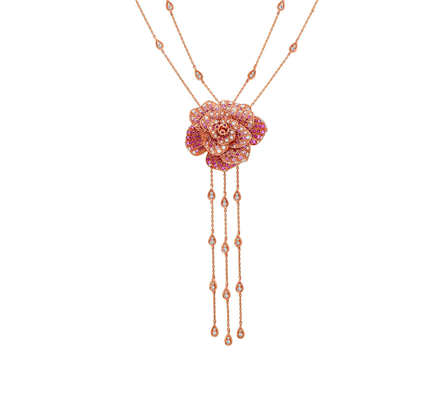 Blossom Flower Double Chain Set with Ruby Diamond Rose Gold Necklace Set