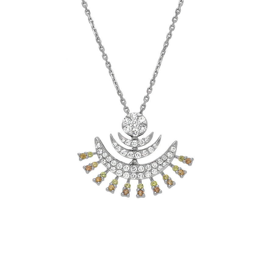 Moon Shape With Yellow and Orange Sapphire Diamond White Gold Necklace