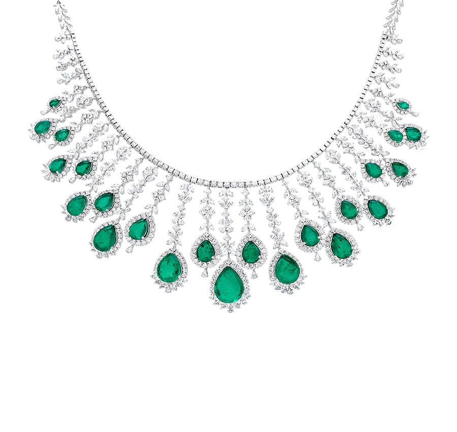 Pear Shape Green Stone Marquise, Pear and Round Cut Natural Diamond With Prong Setting White Gold Bridle Necklace Set