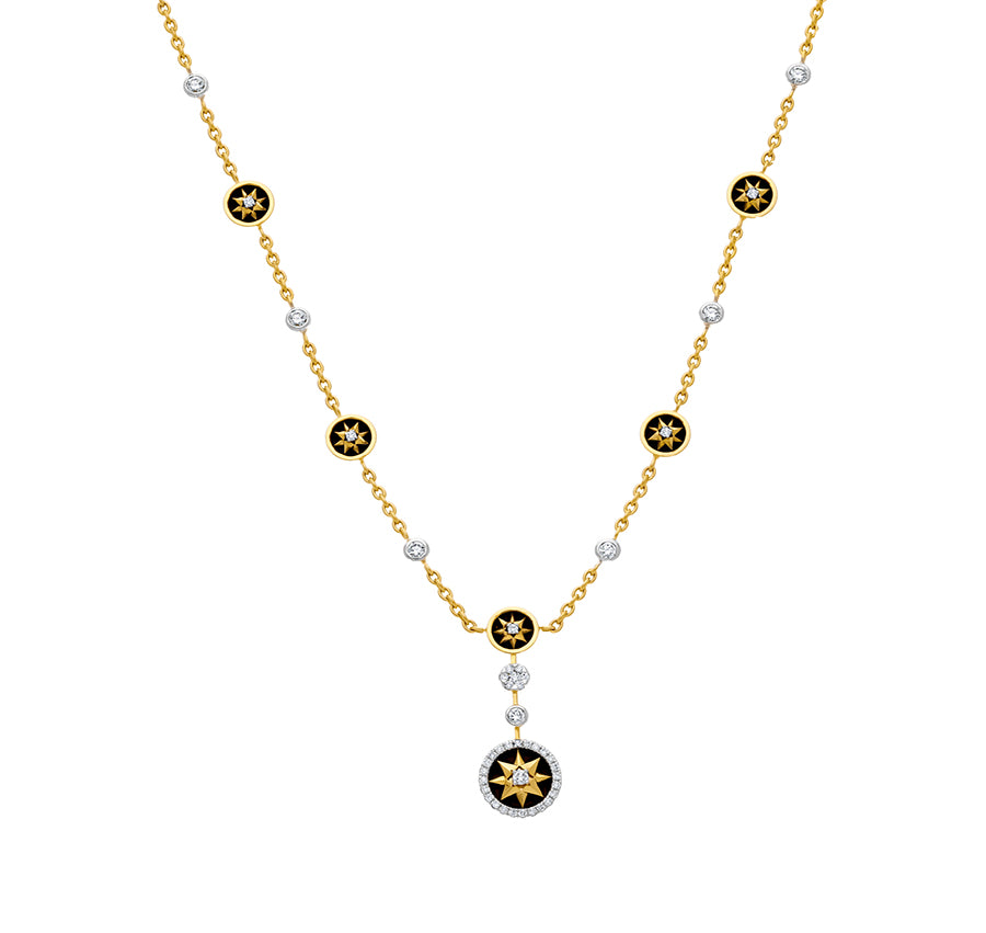 Sunrise Shape and Black Enamel Round Cut Natural Diamond With Multiple Setting Yellow Gold Necklace Set
