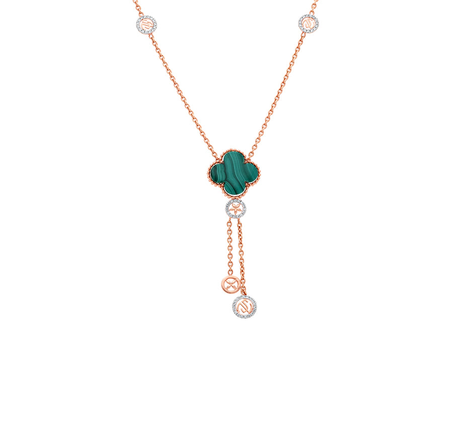 Clover Shape With Green Malachite And Round Natural Diamond Rose Gold Charm Necklace Set