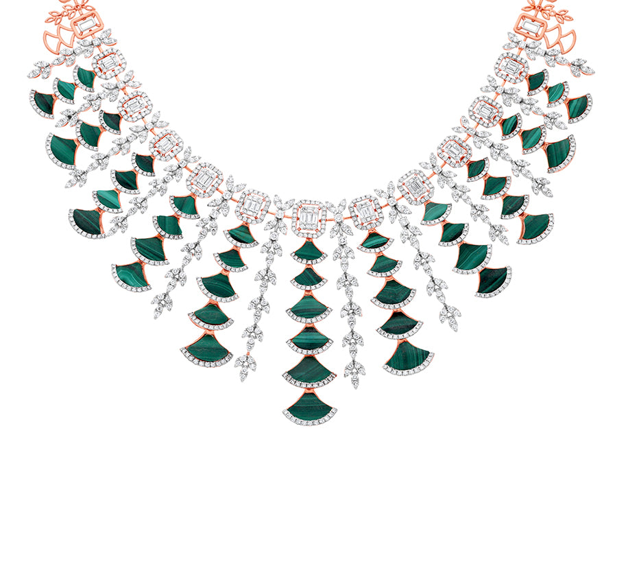 Fancy Malachite With Round and baguette Natural Diamond Prong Set Rose Gold Heavy Necklace Set