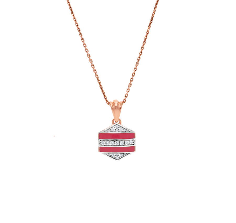 Hexagon Shape With Red Enamel & Round Natural Cut Diamond Necklace Set