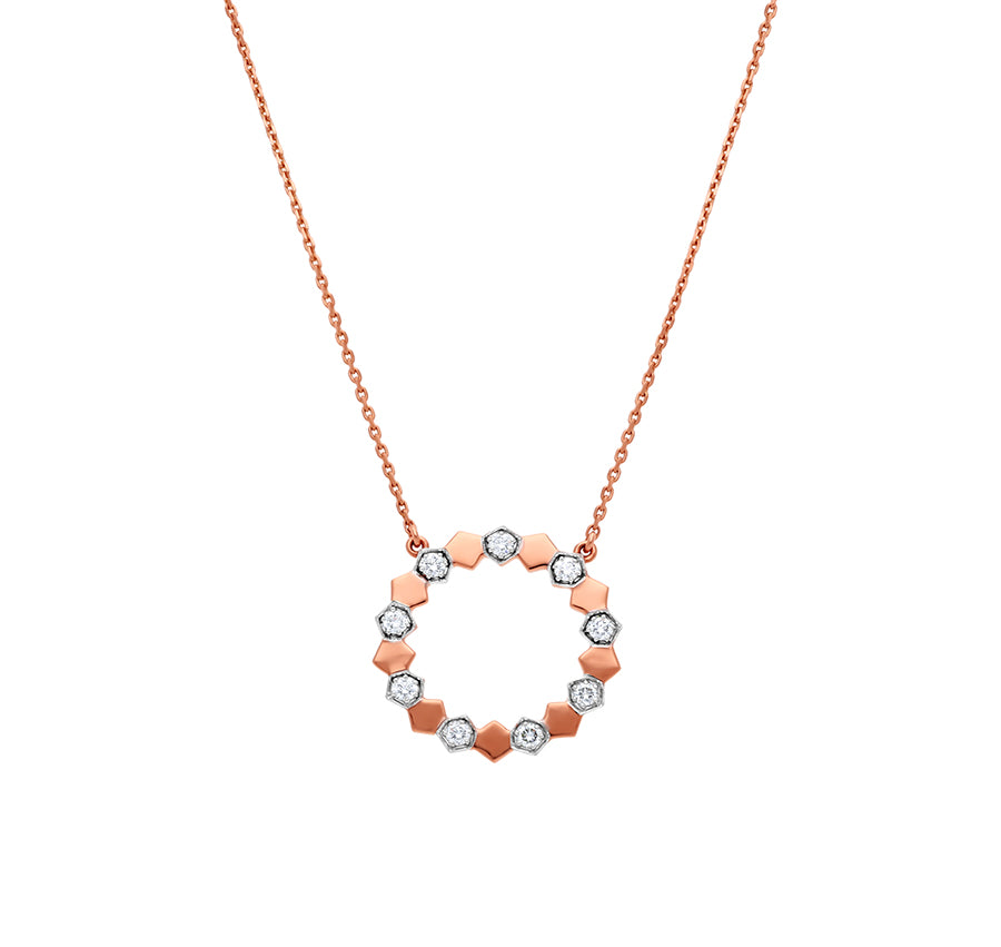Hexagon Shape With Round Natural Diamond And Prong Setting Rose Gold Necklace Set