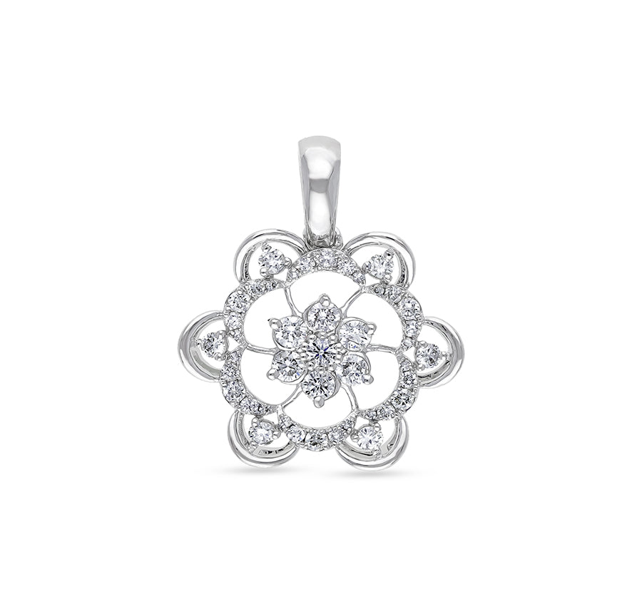 Floral Design Round Natural Diamond White Gold Pendant Set