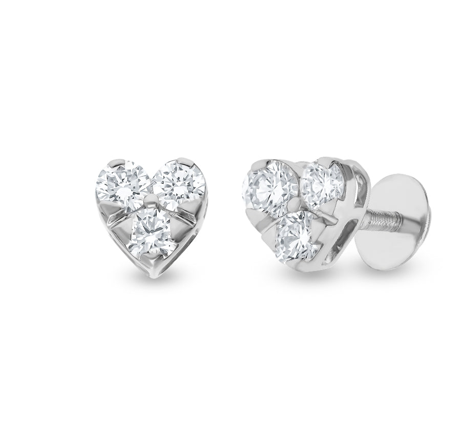 Tri Round Cut Diamond With Prong Setting White Gold Stud Earrings